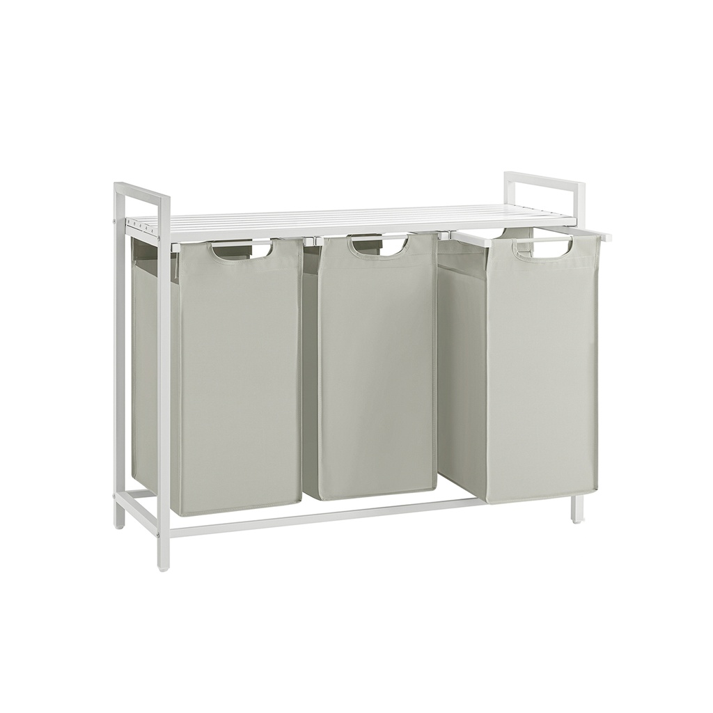 VASAGLE Panier à Linge, Panier à Linge 3 Compartiments, Sacs à Linge Coulissants et Amovibles, Trieur de Linge, Etagère, Structure en Métal, 3 x 38L, 92,5 x 33 x 72 cm, Blanc BLH301W01