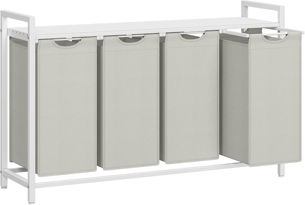 VASAGLE Panier à Linge, Panier à Linge 4 Compartiments, Sacs à Linge Coulissants et Amovibles, Trieur de Linge, Etagère, Structure en Métal, 4 x 40 L, 116 x 33 x 72 cm, Blanc BLH401W01
