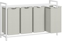 VASAGLE Panier à Linge, Panier à Linge 4 Compartiments, Sacs à Linge Coulissants et Amovibles, Trieur de Linge, Etagère, Structure en Métal, 4 x 40 L, 116 x 33 x 72 cm, Blanc BLH401W01