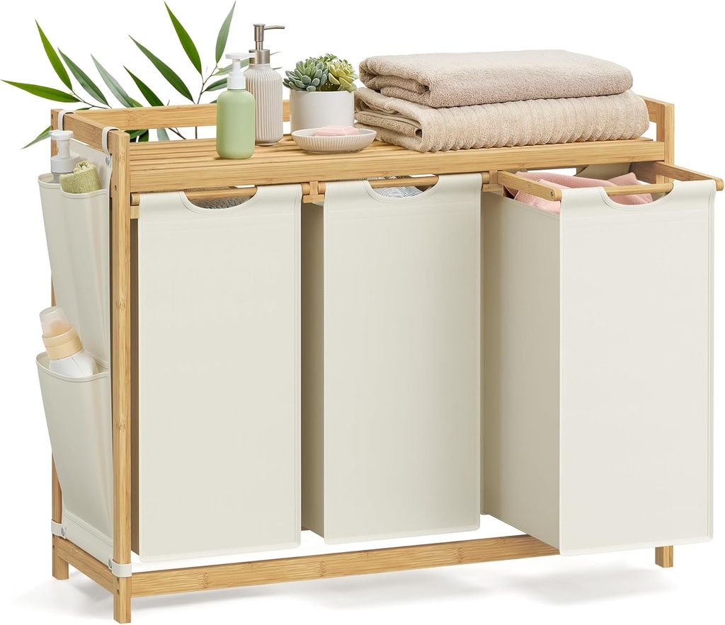 SONGMICS Panier à linge 3 compartiments, Panier à linge, Capacité jusqu'à 150 L, Trieur de linge, avec étagère, Sac à linge, Poches latérales, 3 x 50 L, 94 x 33 x 78 cm, Blanc crème RLH115W01