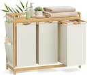 SONGMICS Panier à linge 3 compartiments, Panier à linge, Capacité jusqu'à 150 L, Trieur de linge, avec étagère, Sac à linge, Poches latérales, 3 x 50 L, 94 x 33 x 78 cm, Blanc crème RLH115W01
