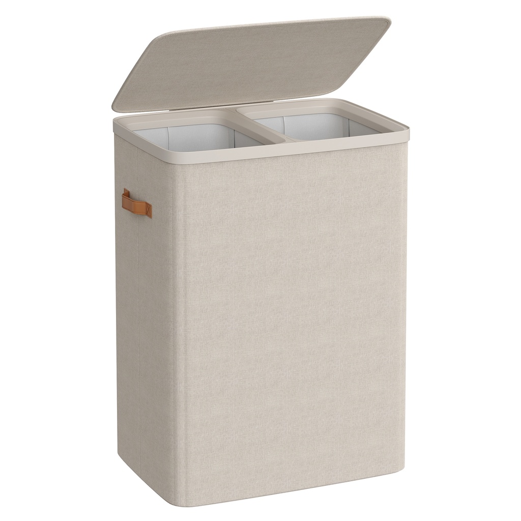 Panier à linge SONGMICS, 44,9 gal. Panier à linge, 2 compartiments, assemblage facile, avec couvercle et poignées, sacs intérieurs amovibles, 22 x 15,7 x 29,5 pouces, beige cappuccino ULCB813L01