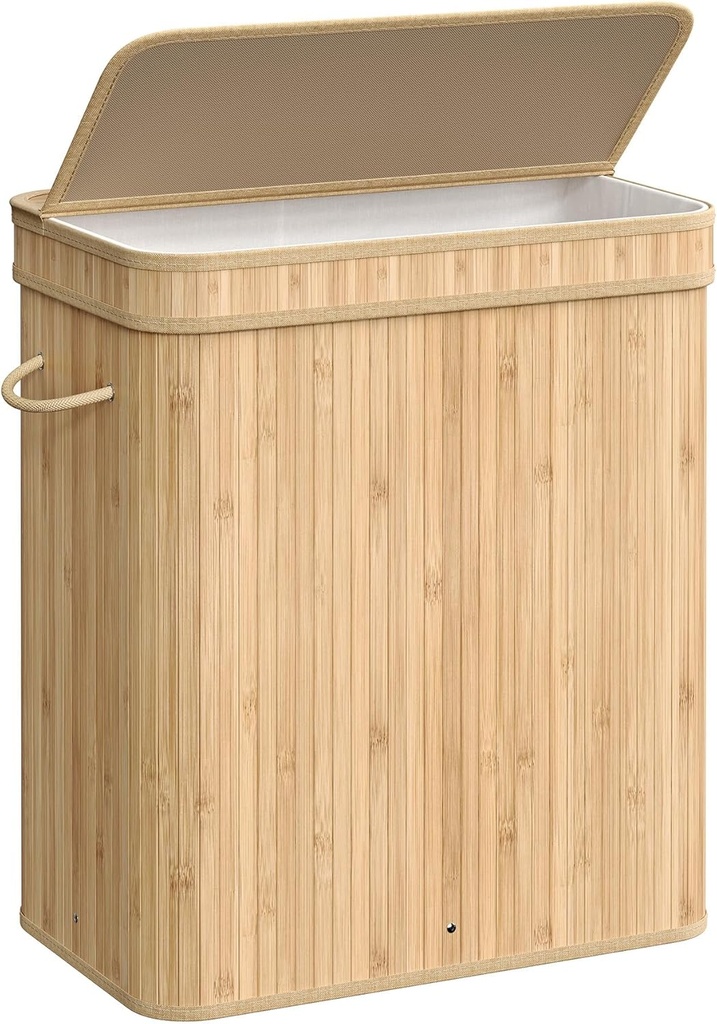 SONGMICS Panier à Linge avec Couvercle, Panier à Linge en Bambou, Sac à Linge Amovible et Lavable en Machine avec Poignées, 100 Litres, pour Buanderie, Chambre, Salon, Beige Naturel LCB063N01