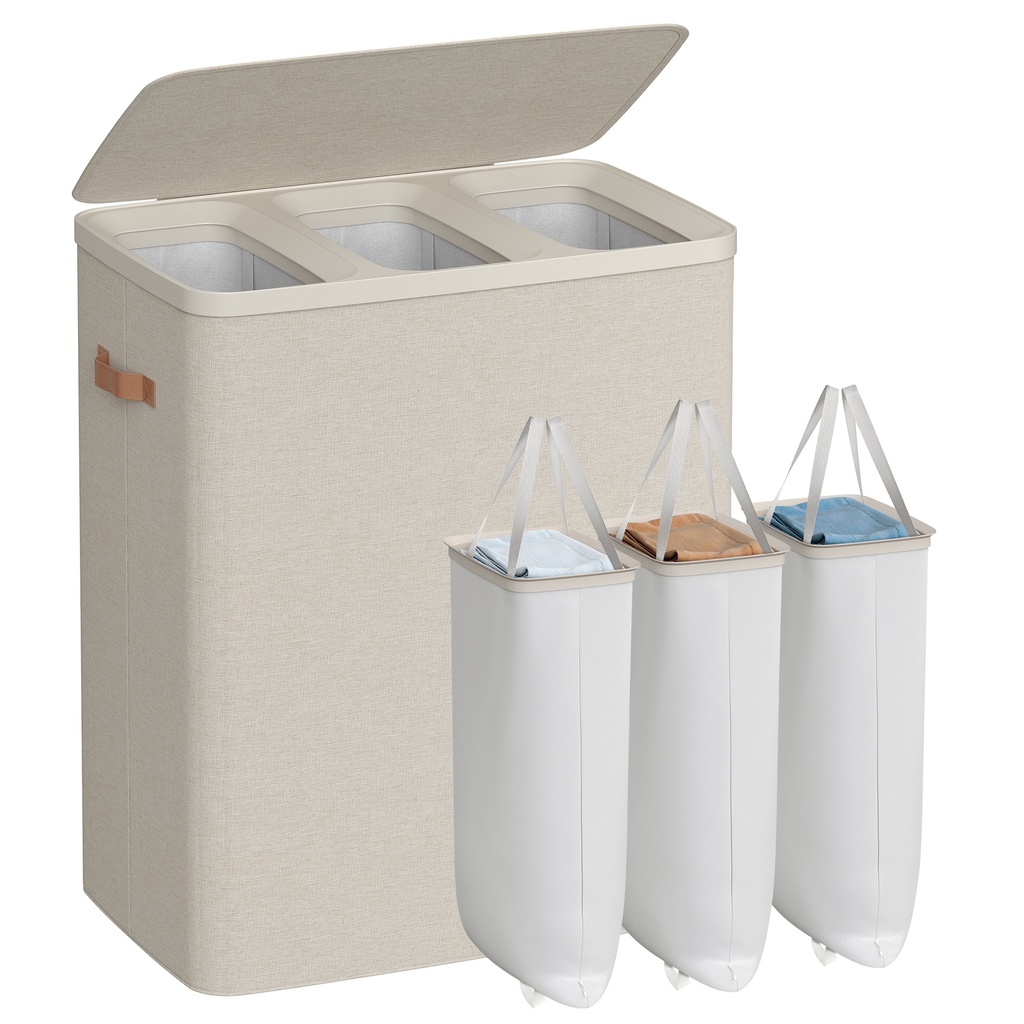 SONGMICS Panier à Linge, Panier à Linge Triple Compartiment 190 L, avec Couvercle et Poignées, Doublures Amovibles, Montage Facile, 64 x 40 x 75 cm, Beige Cappuccino LCB814LH01