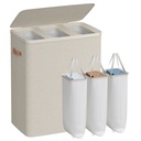 SONGMICS Panier à Linge, Panier à Linge Triple Compartiment 190 L, avec Couvercle et Poignées, Doublures Amovibles, Montage Facile, 64 x 40 x 75 cm, Beige Cappuccino LCB814LH01
