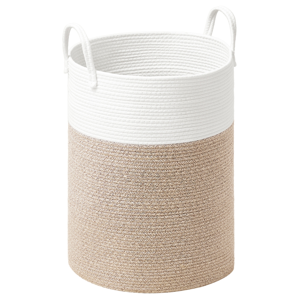 SONGMICS Panier à Linge, Panier à Linge Enfant, Panier de Rangement en Corde de Coton avec Poignées, pour Couvertures, Jouets, Salon, Chambre, Chambre d'Enfant, 80 L, Blanc et Marron Gris RLH062LZ01