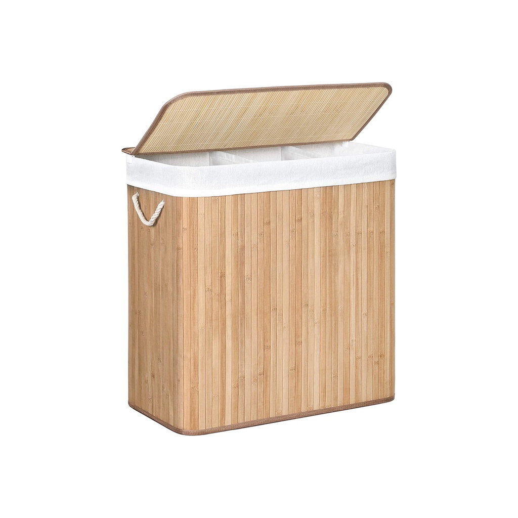 SONGMICS Panier à linge 3 sections, couvercle clipsable et poignées, 150 L pliable, pour buanderie, chambre, salle de bain, naturel LCB091N01