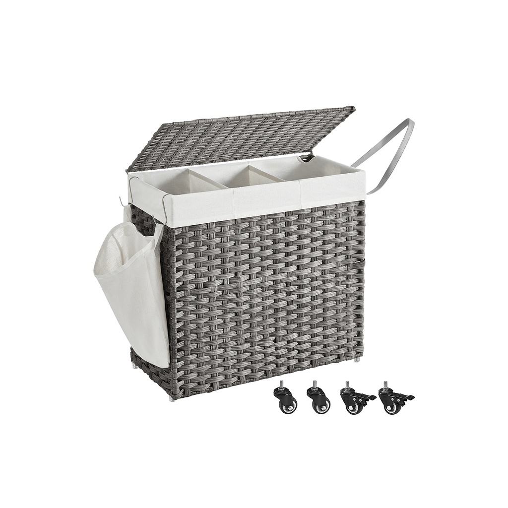 SONGMICS Panier à Linge, Panier à Linge Tissé Main, Panier à Linge Style Rotin 140 L avec 3 Compartiments, Doublure Amovible, Poignées, Couvercle, Salon, Salle de Bain, 66 x 33 x 60 cm, Gris LCB363G01