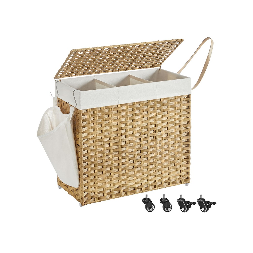 VASAGLE Panier à linge tissé à la main, 140 L style rotin, 3 compartiments, naturel LCB363N01