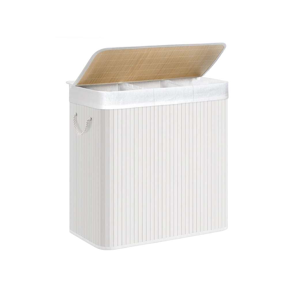 SONGMICS Panier à linge 3 sections, couvercle clipsable et poignées, 150 L pliable, pour buanderie, chambre, salle de bain, blanc LCB091W01