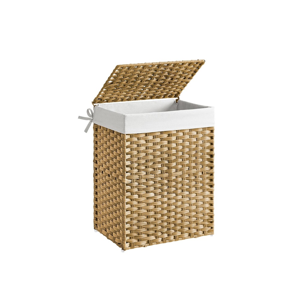 SONGMICS Panier à linge tissé à la main, panier à linge en rotin synthétique 90 L avec couvercle et poignées, sac pliable et amovible, naturel LCB51NL