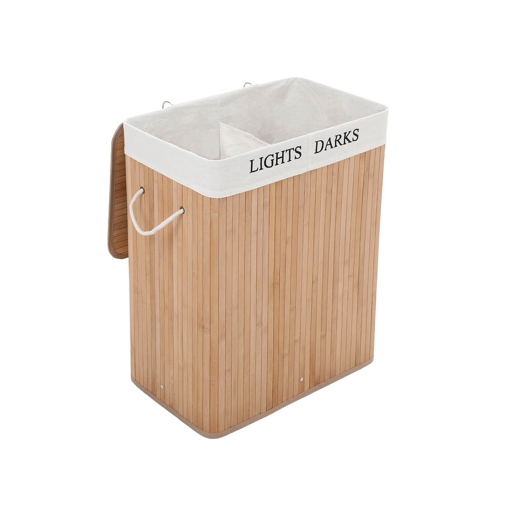 SONGMICS Panier à linge 100L (62,5 x 52 x 32 cm) panier à linge pliable en bambou avec 2 compartiments panier à linge avec sac à linge amovible., Bambou, naturel, LCB64Y