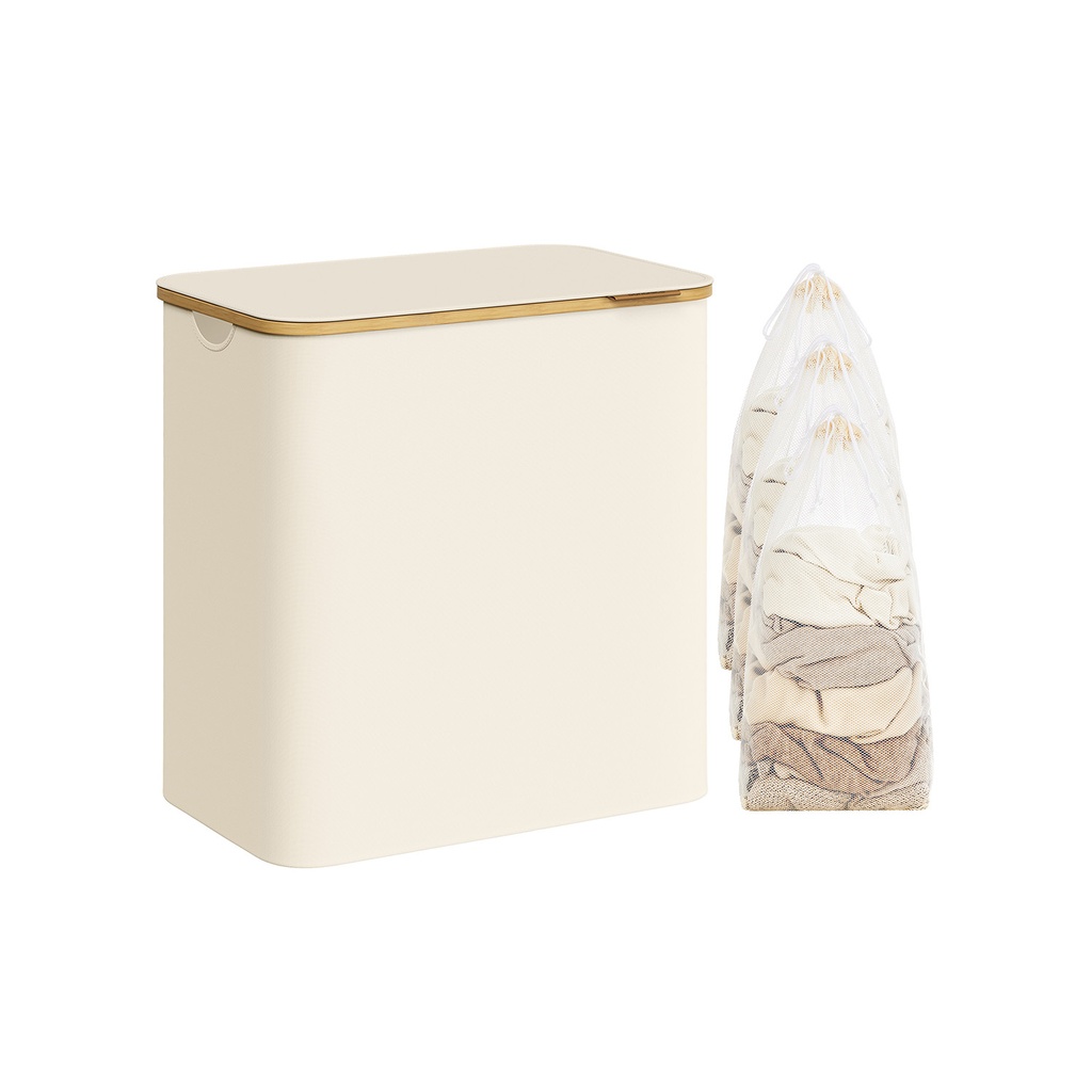 SONGMICS Panier à linge avec couvercle, grand panier à linge en 3 sections, 150 L, doublure en maille amovible, poignées en bambou, pliable, 23,6 x 15,2 x 27,8 pouces, blanc crème LCB515W01