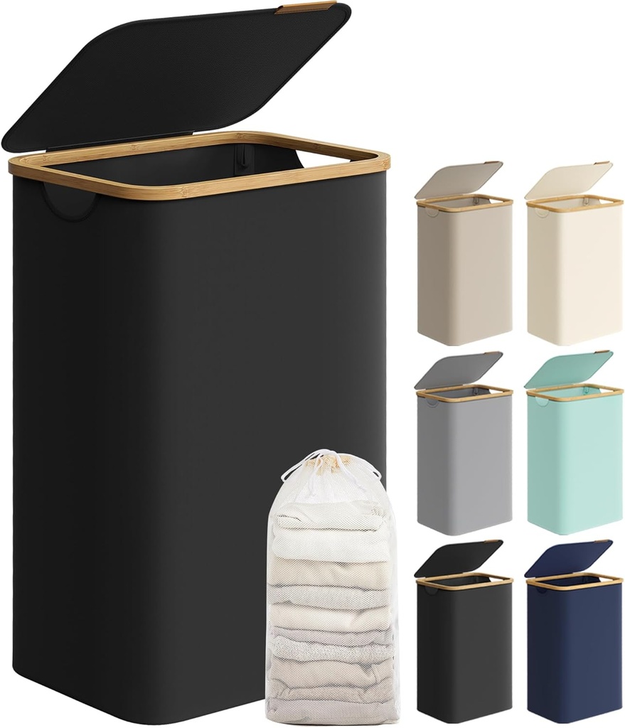 SONGMICS Panier à linge avec couvercle, grand panier à linge, 90 L, doublure en maille amovible, tissu Oxford, poignées en bambou, pliable, 42 x 32 x 70,5 cm, noir encre LCB509B01