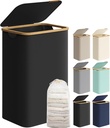 SONGMICS Panier à linge avec couvercle, grand panier à linge, 90 L, doublure en maille amovible, tissu Oxford, poignées en bambou, pliable, 42 x 32 x 70,5 cm, noir encre LCB509B01