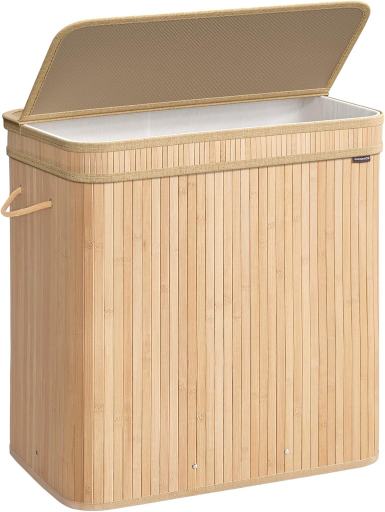 SONGMICS Panier à Linge avec Couvercle, Panier à Linge en Bambou, Panier Amovible Lavable en Machine, avec Poignées, 150 L, pour Buanderie, Chambre, Salle d'Eau, Beige Naturel LCB062N01