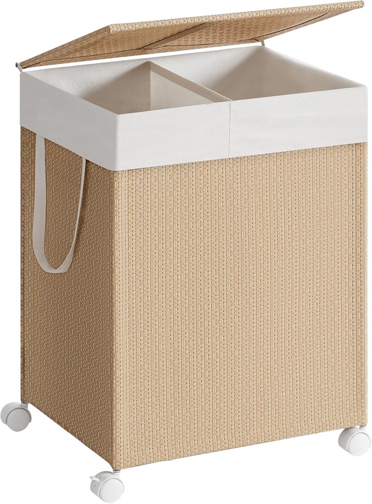 SONGMICS HOME Laundry Basket 2 Compartments Laundry Hamper 100 L Laundry Sorter on Wheels with Lid Laundry Bag with Handles Rattan Look for Laundry Room Bathroom Natural Beige Matte White LCB601N01