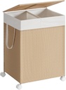 SONGMICS HOME Laundry Basket 2 Compartments Laundry Hamper 100 L Laundry Sorter on Wheels with Lid Laundry Bag with Handles Rattan Look for Laundry Room Bathroom Natural Beige Matte White LCB601N01