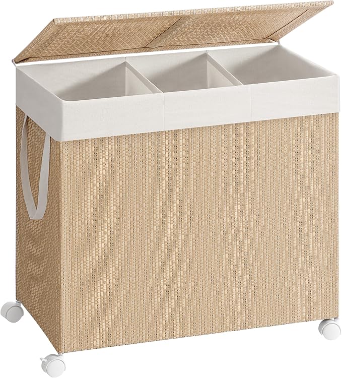 SONGMICS HOME Panier à Linge 3 Sections, Grand Panier à Linge Roulant 140 L à Roulettes, Panier à Linge en Rotin avec Couvercle, Doublure Amovible avec Poignées, Beige Naturel et Blanc Mat LCB602N01