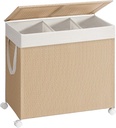 SONGMICS HOME Panier à Linge 3 Sections, Grand Panier à Linge Roulant 140 L à Roulettes, Panier à Linge en Rotin avec Couvercle, Doublure Amovible avec Poignées, Beige Naturel et Blanc Mat LCB602N01