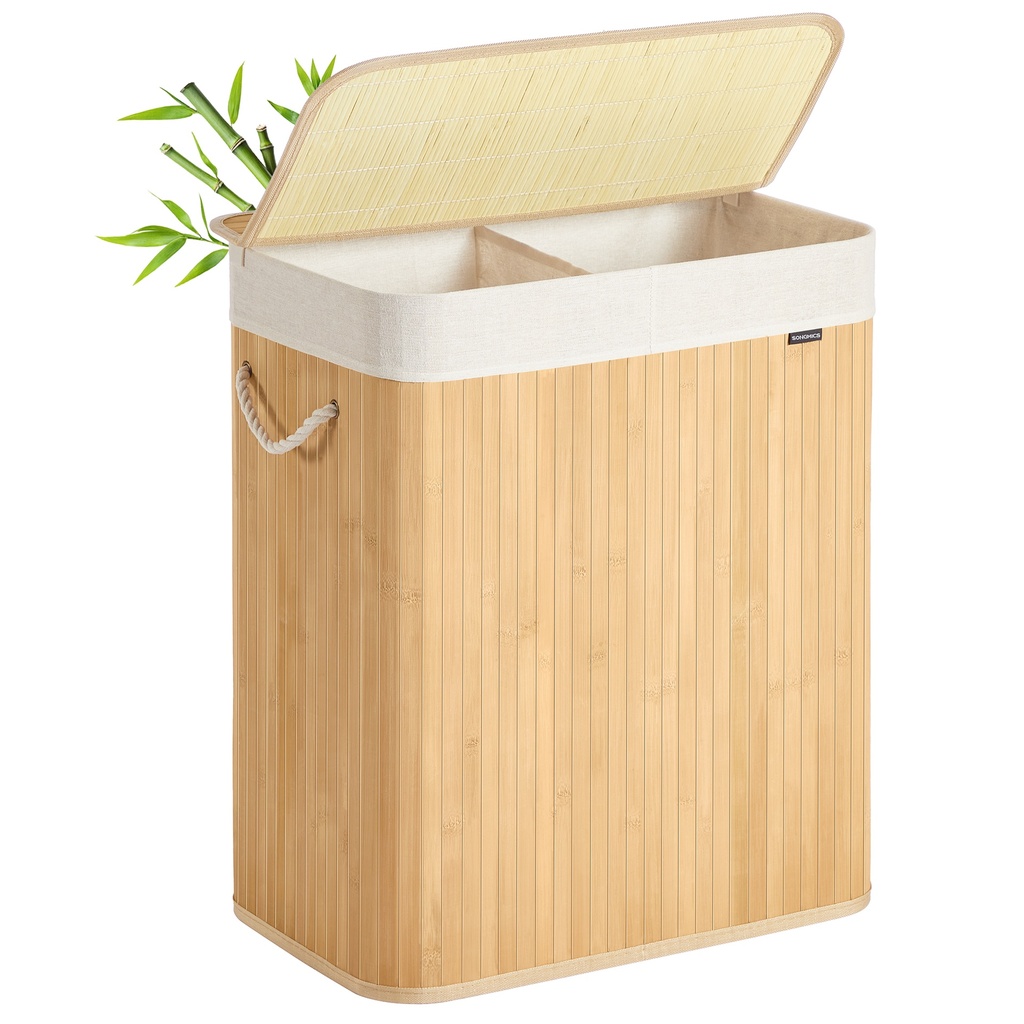 SONGMICS Laundry Basket, 100 L, Laundry Hamper with 2 Compartments, Laundry Bin with Lid, Bamboo, Foldable, Removable and Machine Washable Liner Bag, for Laundry Room, Bedroom, Natural LCB074Y01