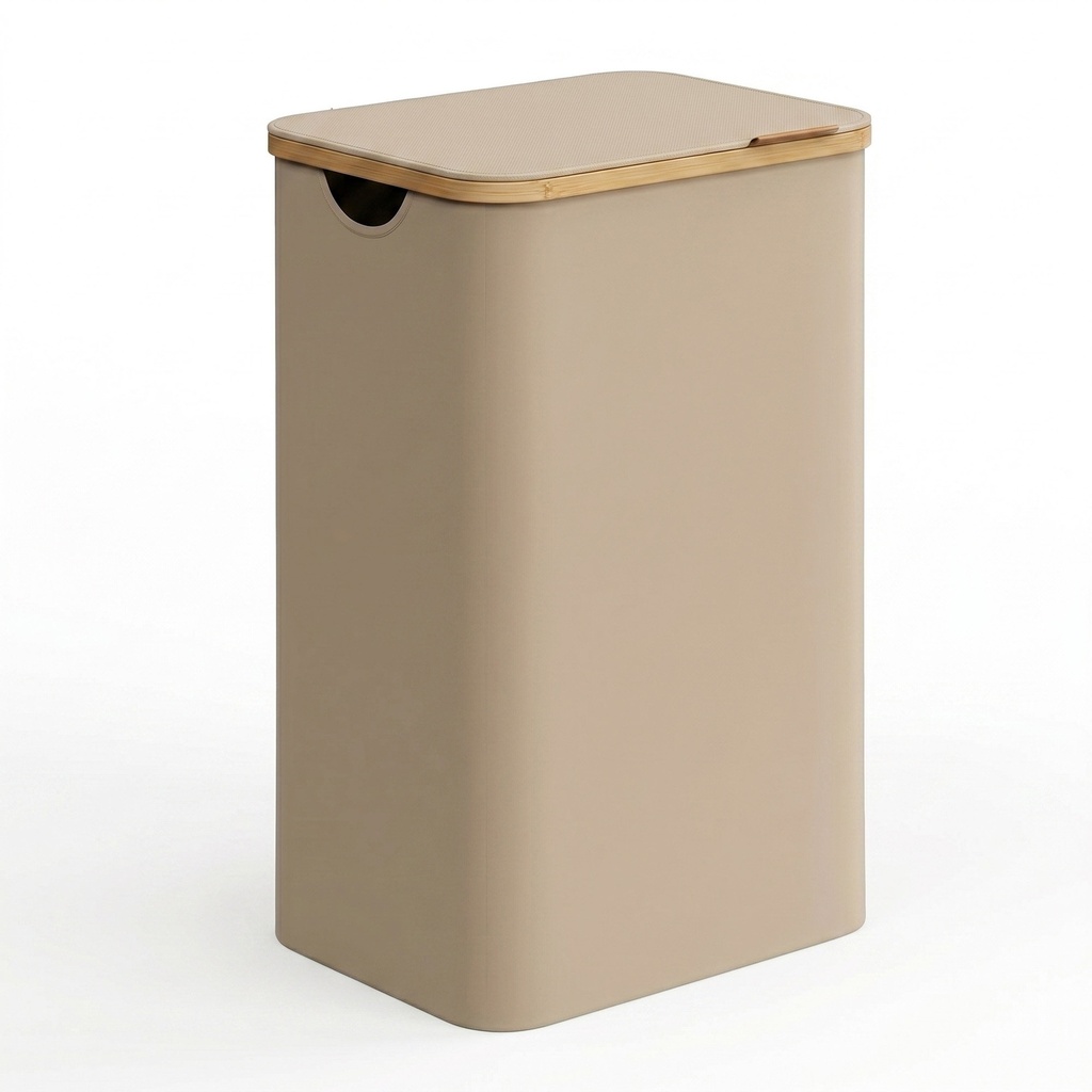 SONGMICS Panier à Linge avec Couvercle, Grand Panier à Linge, 90 L, Doublure en Filet Amovible, Tissu Oxford, Poignées en Bambou, Pliable, 42 x 32 x 70,5 cm, Marron Camel LCB509N01V1