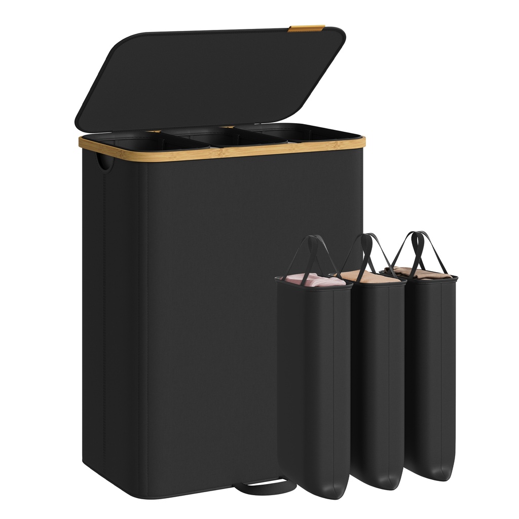 SONGMICS Panier à linge avec couvercle, panier à linge, bac de rangement, doublures amovibles, cadre en bambou, pour chambre à coucher, 3 compartiments, 44,9 gal. (170 L), encre noire LCB533BH01