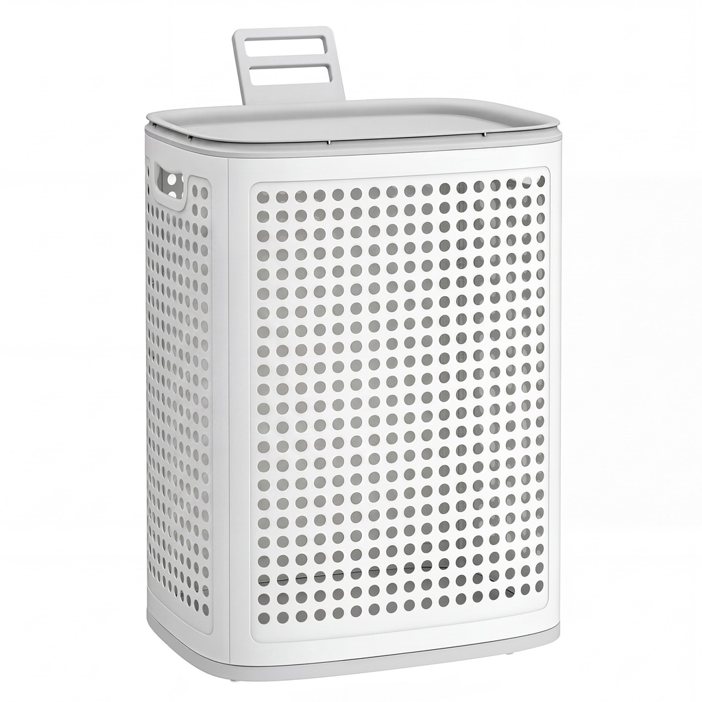 SONGMICS Panier à linge avec couvercle, panier à linge en plastique, 19,8 gallons (75 L), panier de rangement fin, pour salle de bain, chambre à coucher, blanc et gris RLH021WG01