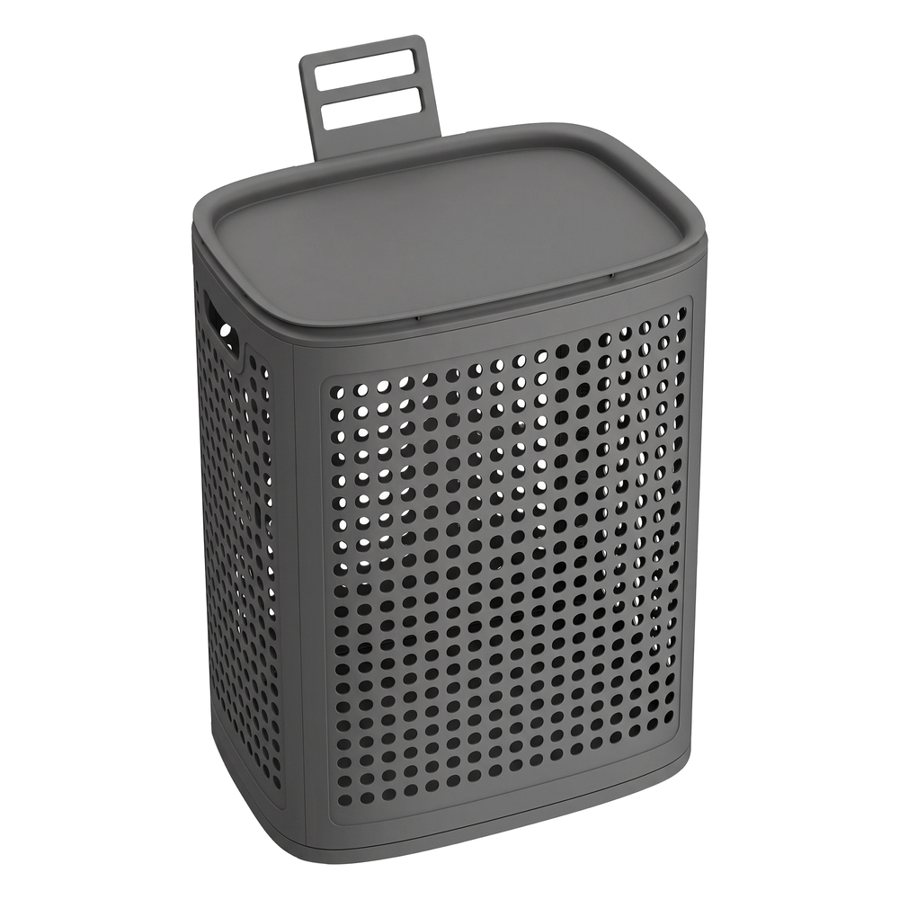 SONGMICS Laundry Basket with Lid, Plastic Laundry Hamper, 19.8 Gallons (75 L), Slim Storage Basket, for Bathroom, Bedroom, Dark Grey RLH021G101