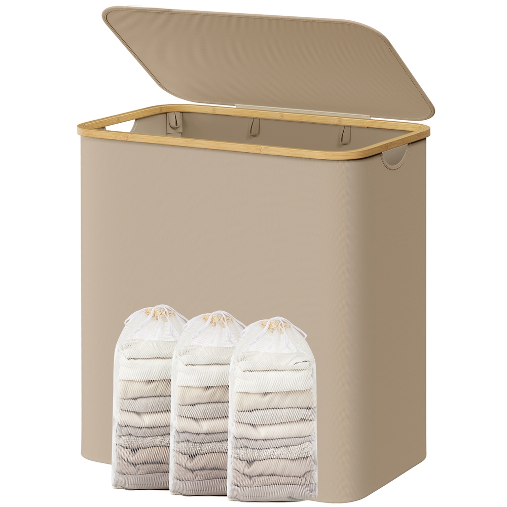 SONGMICS Panier à linge 150 L, 3 compartiments, doublure en filet, chameau LCB515N02