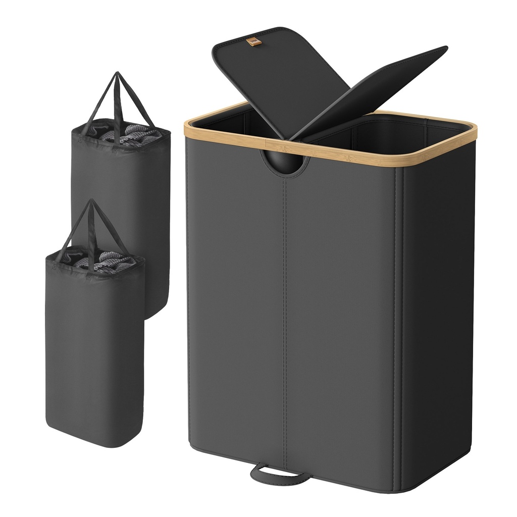 SONGMICS Panier à linge double avec couvercle 150 L, panier de tri 2 compartiments, sacs intérieurs amovibles, cadre en bambou, 52,5 x 38,5 x 75 cm, pour chambre, salle de bain, noir encre et bambou clair, Collection ROXANNE LCB523B01