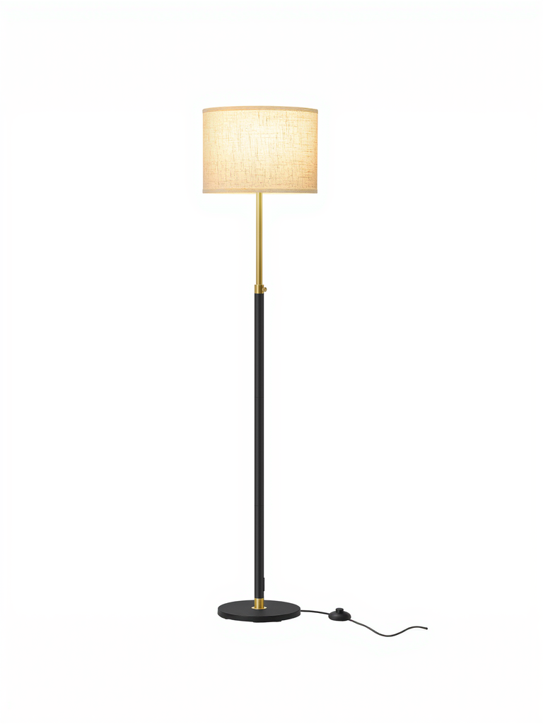 [LFL002B02] Lampadaire, lampe sur pied, hauteur réglable, 140-170 cm de haut, avec interrupteur au pied, abat-jour en tissu, douille E27, doré-noir