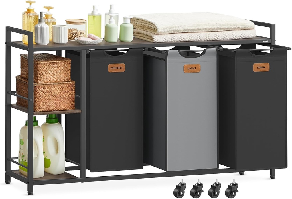 VASAGLE Panier à Linge 3 Compartiments, Trieur de Linge 150 L, Chariot à Linge Roulant avec Etagères, Doublures Amovibles, 6 Etiquettes, Marron Châtaigne, Noir Encre et Gris Tourterelle BLH312B01