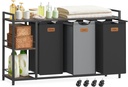 VASAGLE Panier à Linge 3 Compartiments, Trieur de Linge 150 L, Chariot à Linge Roulant avec Etagères, Doublures Amovibles, 6 Etiquettes, Marron Châtaigne, Noir Encre et Gris Tourterelle BLH312B01