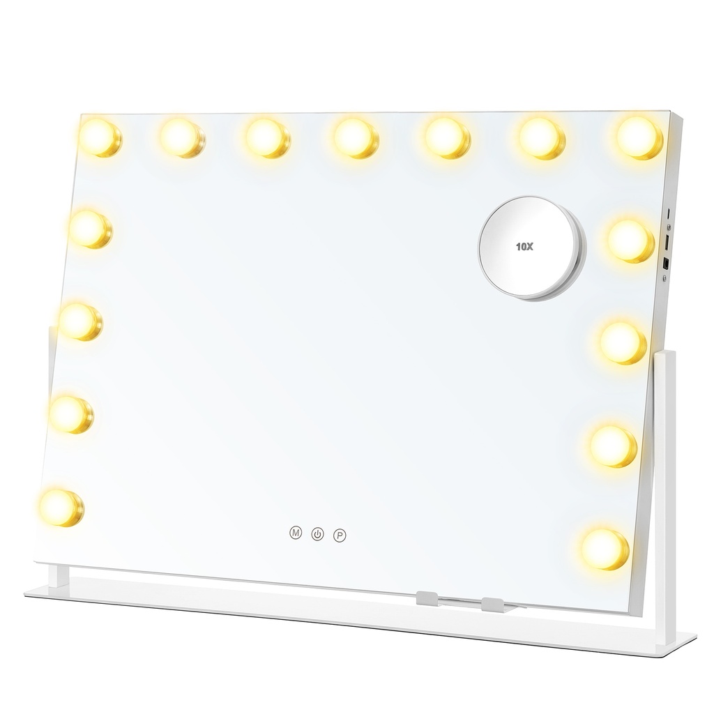 SONGMICS Miroir de maquillage avec éclairage, 58 x 43 cm, miroir cosmétique avec 15 ampoules LED, avec ports de charge, commande tactile, 3 couleurs de lumière, intensité variable, support pour téléphone portable, blanc mat LWM001W02 [Classe énergétique F]