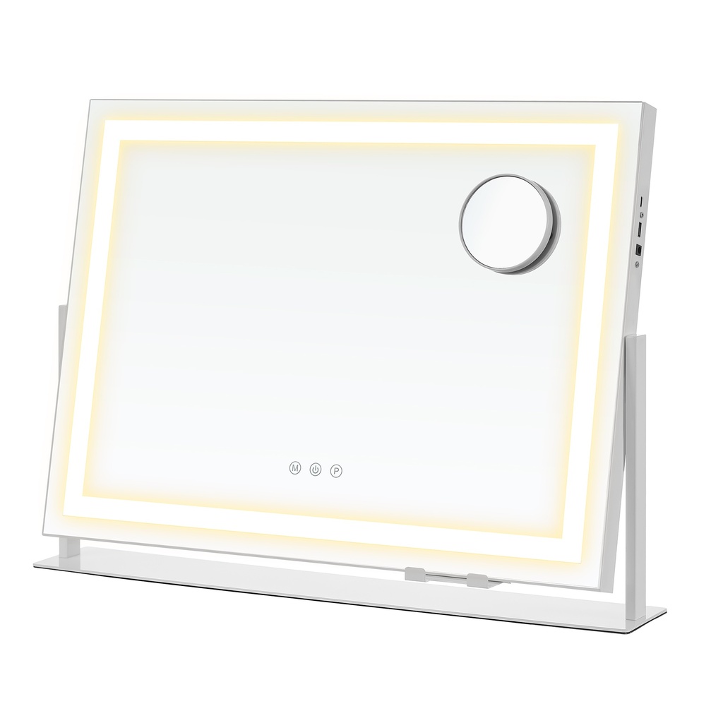 SONGMICS Makeup Mirror with Lighting, 15 LED Bulbs, Power Outlet, Touch Control, 3 Light Temperatures, Adjustable Brightness, Phone Holder, Matte White LWM002W02