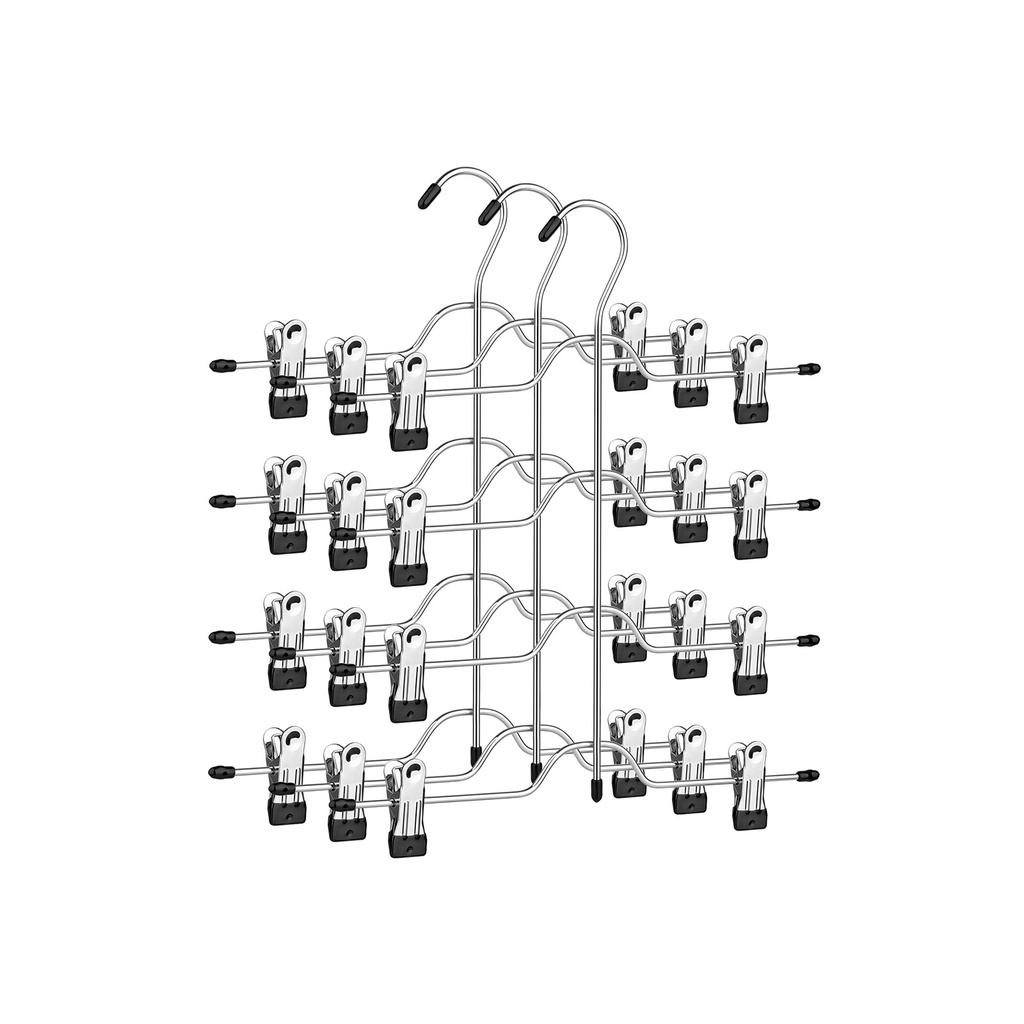 SONGMICS Trouser Skirt Hangers with Clips, Set of 3 Space Saving 4-Tier Metal Pant Hangers, with 8 Adjustable Non Slip Clips, for Slacks, Jeans, Towels, Shorts, 32 cm, Silver and Black CRI042BK