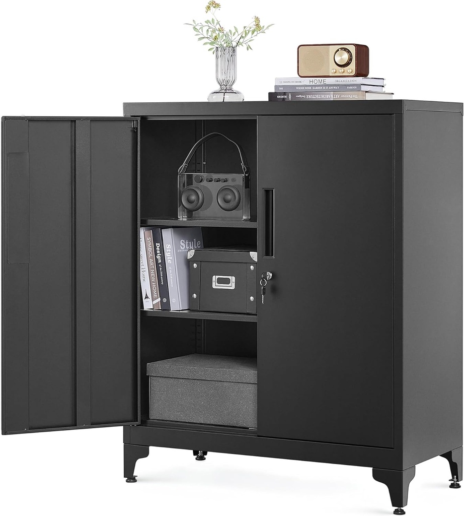 SONGMICS Classeur, Armoire de Garage Polyvalente, Armoire de Bureau avec 2 Portes, Armoire Verrouillable, Armoire de Rangement en Acier, Rangement Profond avec Étagères, pour Bureau, Salon, Noir OMC013B01