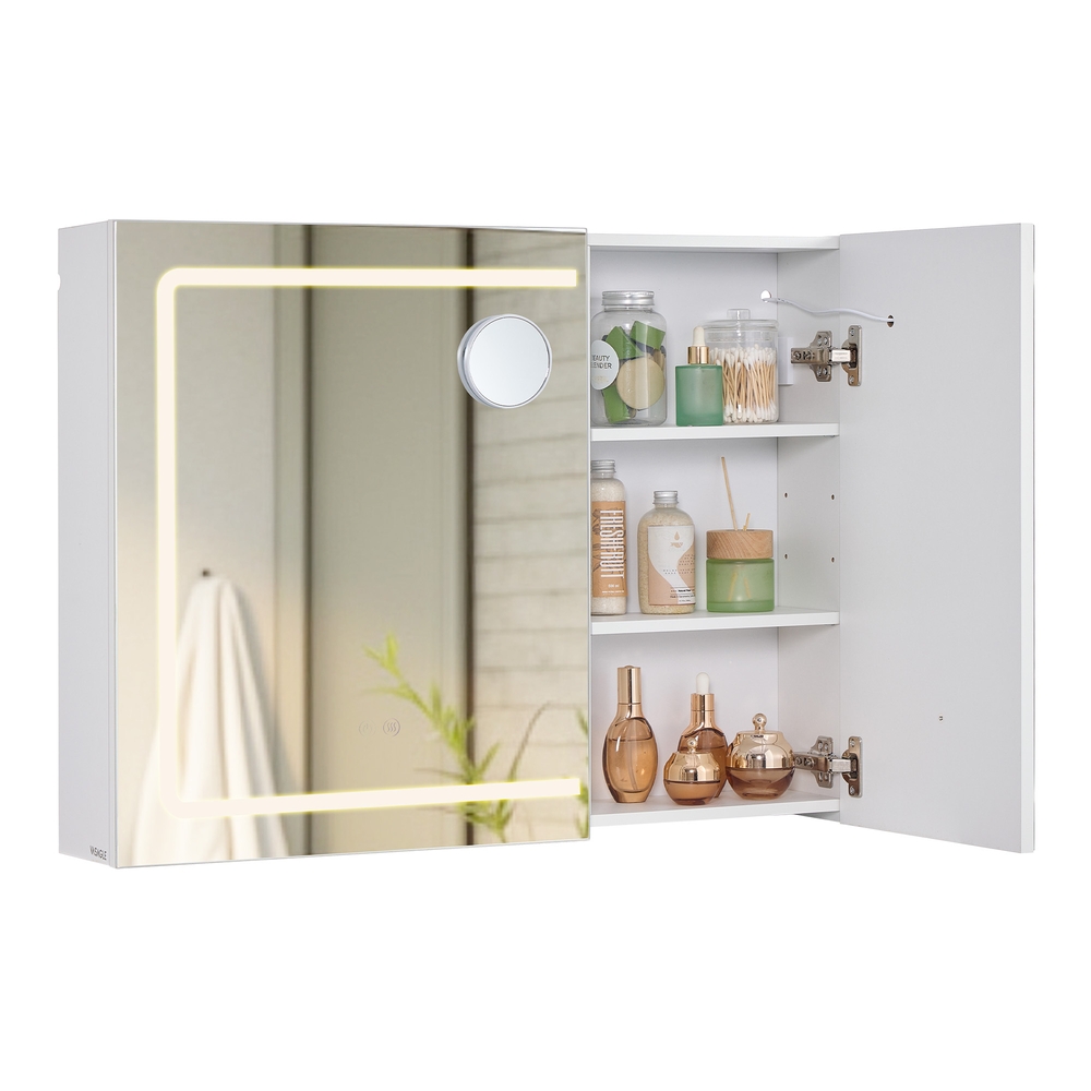 VASAGLE BBK134W01 Armoire de Toilette avec Miroir de Salle de Bain avec Éclairage, Armoire Murale, Multiprise, Fonction Désembuage, Miroirs Grossissants 10x, Moderne, 16,5 x 80 x 60 cm, Blanc