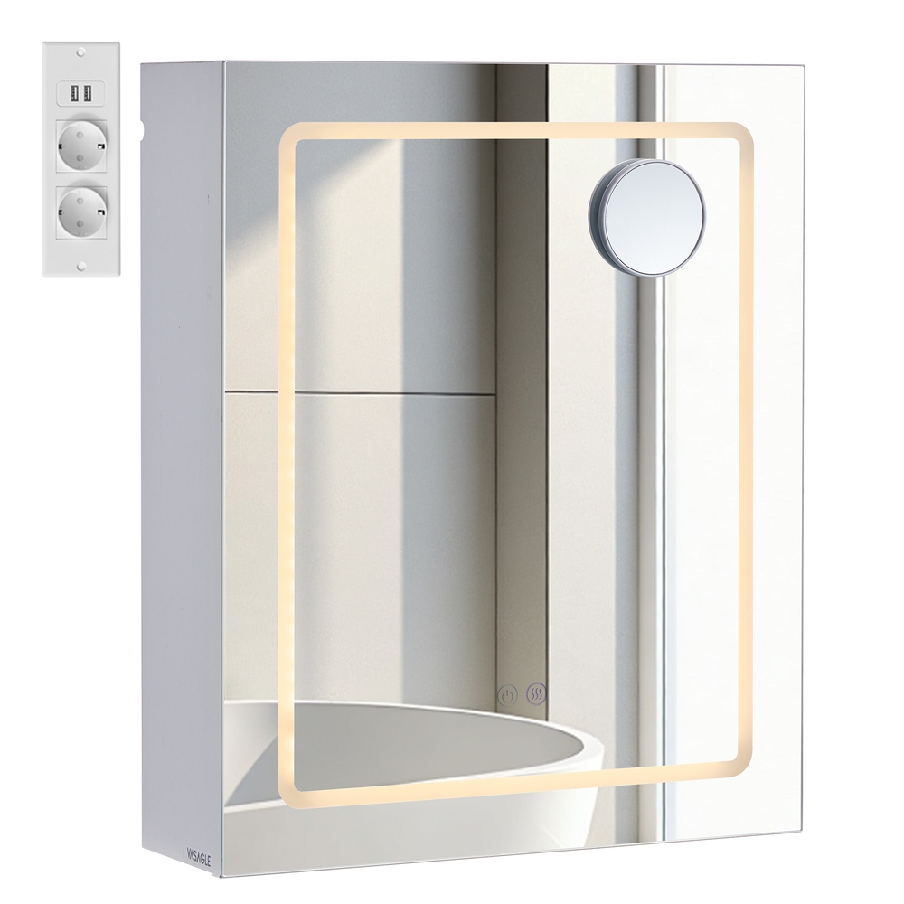 VASAGLE Collection KAILYN Armoire Murale de Salle de Bain avec Miroir, Éclairage LED, Multiprise, Fonction Anti-buée, Miroir Grossissant 10x, Style Moderne, 16,5 x 50 x 60 cm, Blanc, BBK133W01