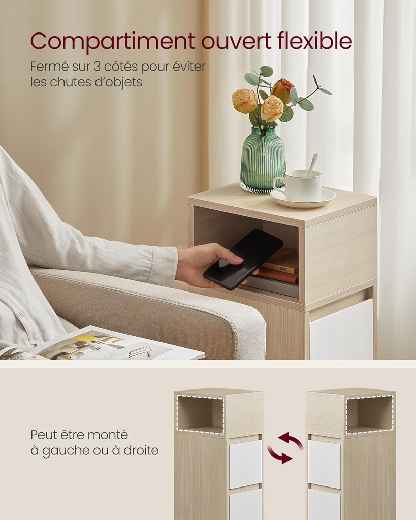VASAGLE Table de chevet étroite, 2 tiroirs et compartiment ouvert, beige et blanc LET656N01