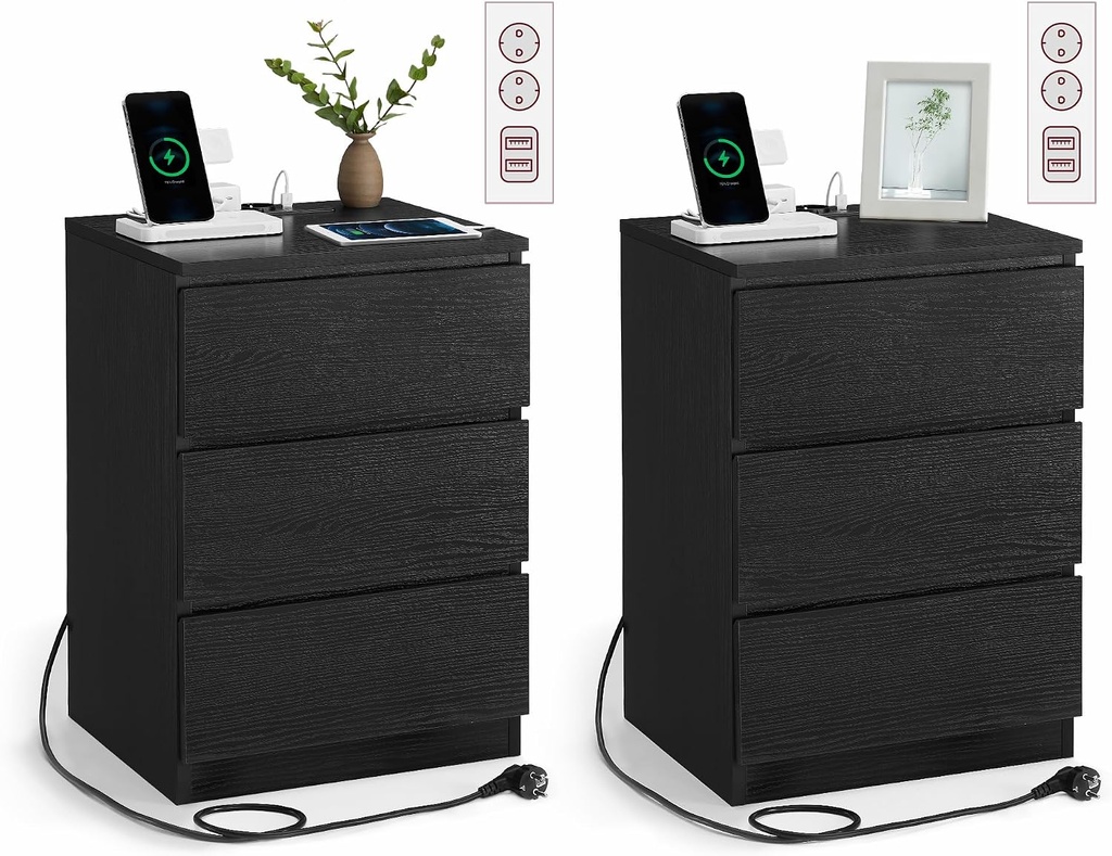 VASAGLE LET831B56 Set of 2 Bedside Tables, Side Tables, 3 Drawers, Bevelled Edge, 2 AC Outlets, 2 USB Ports, Living Room, Bedroom, Study, Modern, Ebony Black