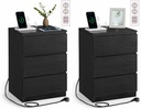 VASAGLE LET831B56 Set of 2 Bedside Tables, Side Tables, 3 Drawers, Bevelled Edge, 2 AC Outlets, 2 USB Ports, Living Room, Bedroom, Study, Modern, Ebony Black