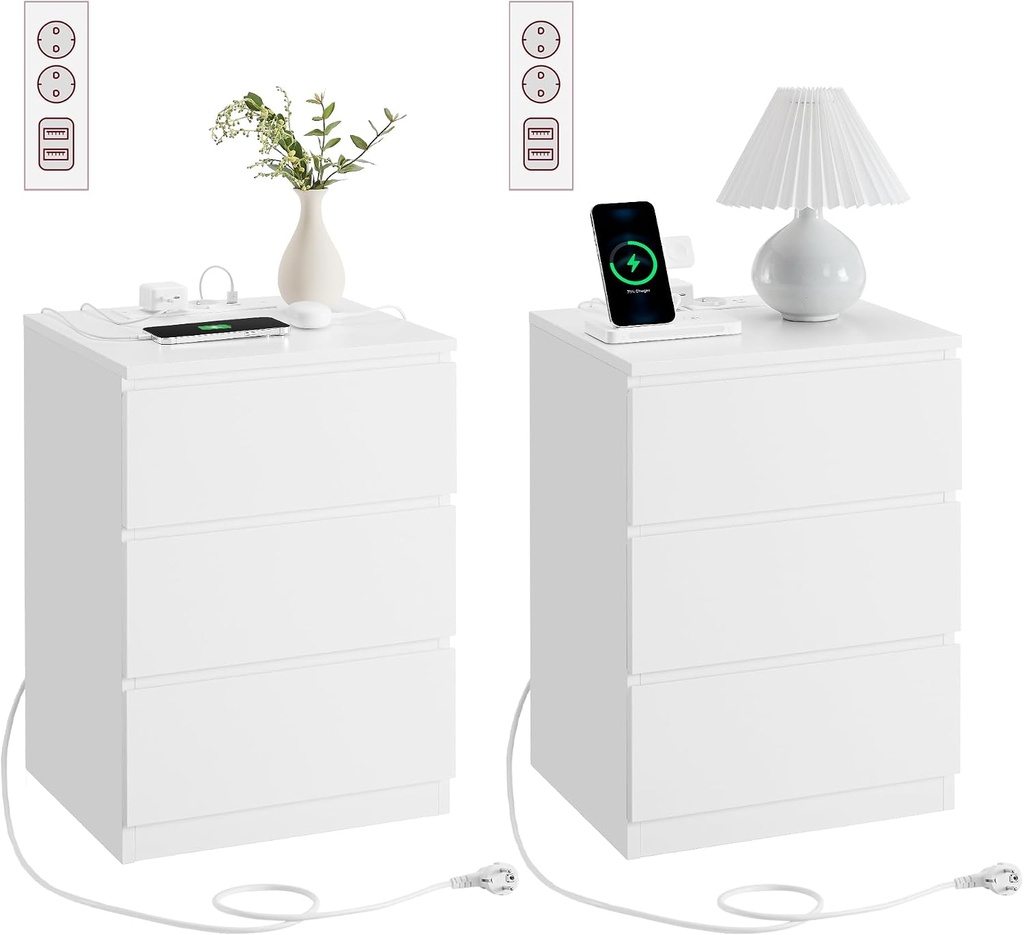 VASAGLE LET831W14 Lot de 2 tables de chevet, tables d'appoint, 3 tiroirs, bord biseauté, 2 prises secteur, 2 ports USB, salon, chambre, bureau, moderne, blanc nuage