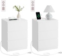 VASAGLE LET831W14 Lot de 2 tables de chevet, tables d'appoint, 3 tiroirs, bord biseauté, 2 prises secteur, 2 ports USB, salon, chambre, bureau, moderne, blanc nuage