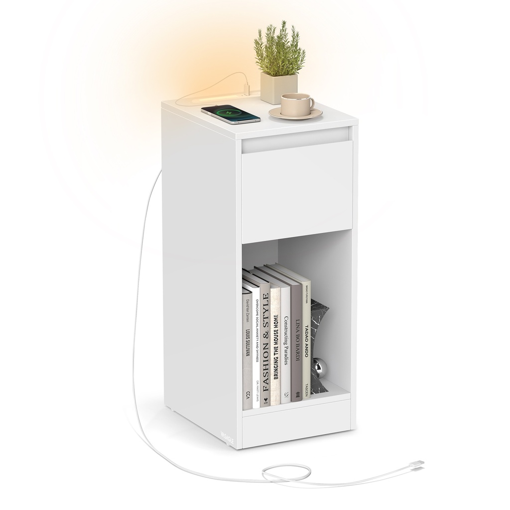 Table de chevet avec prises de courant, table de chevet avec lumière LED, gain de place, pour chambre à coucher, salon, blanc