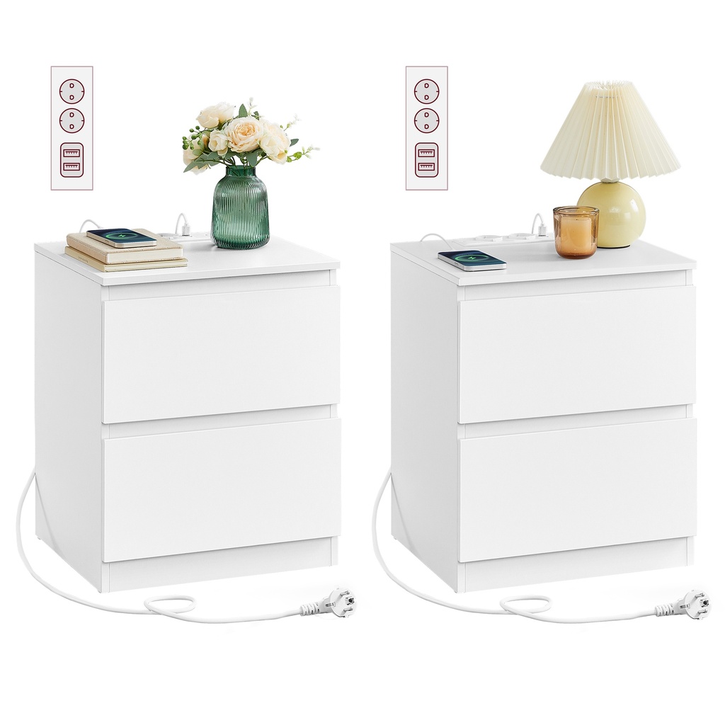 VASAGLE KAILYN Collection - Tables de Chevet avec Multiprise, Ensemble de 2 Tables d'Appoint, 2 Tiroirs, 2 Prises AC, 2 Ports USB-A, Salon Chambre, Moderne, Blanc Nuage LET821W02