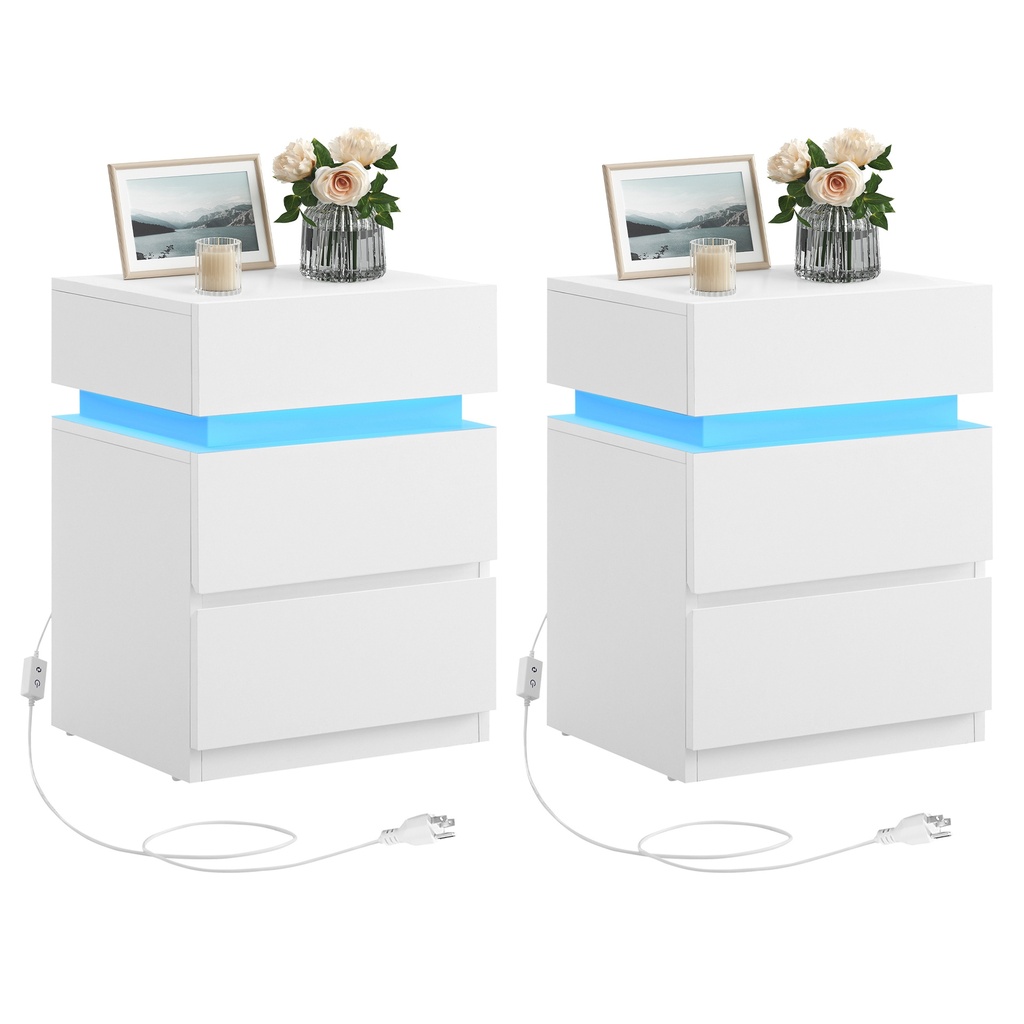 Paire de tables de chevet avec 3 tiroirs, bande lumineuse LED, tables de chevet modernes pour chambre à coucher, blanc