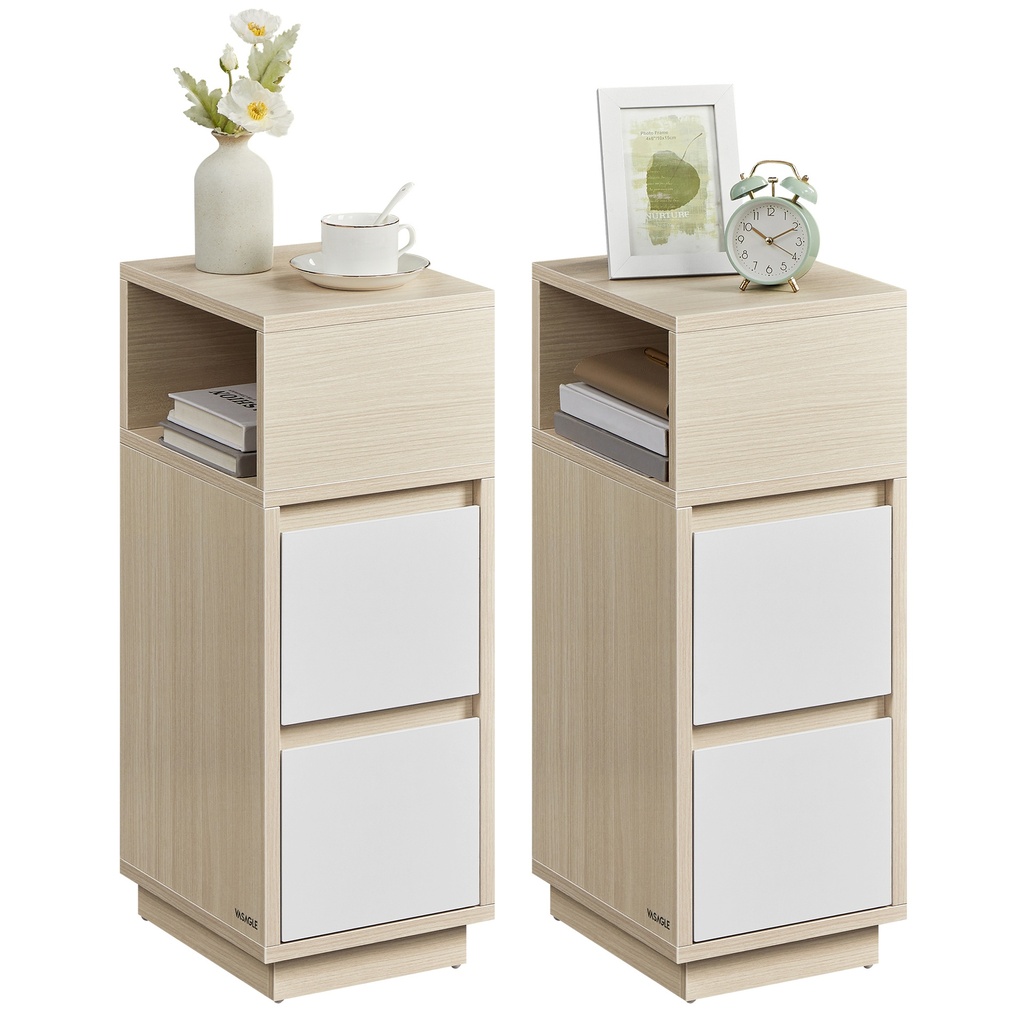 VASAGLE KAILYN Collection - Tables de chevet fines, lot de 2 petites tables d'appoint étroites avec tiroirs, compartiment ouvert flexible, pour chambre à coucher, salon, beige naturel et blanc nuage LET856N01