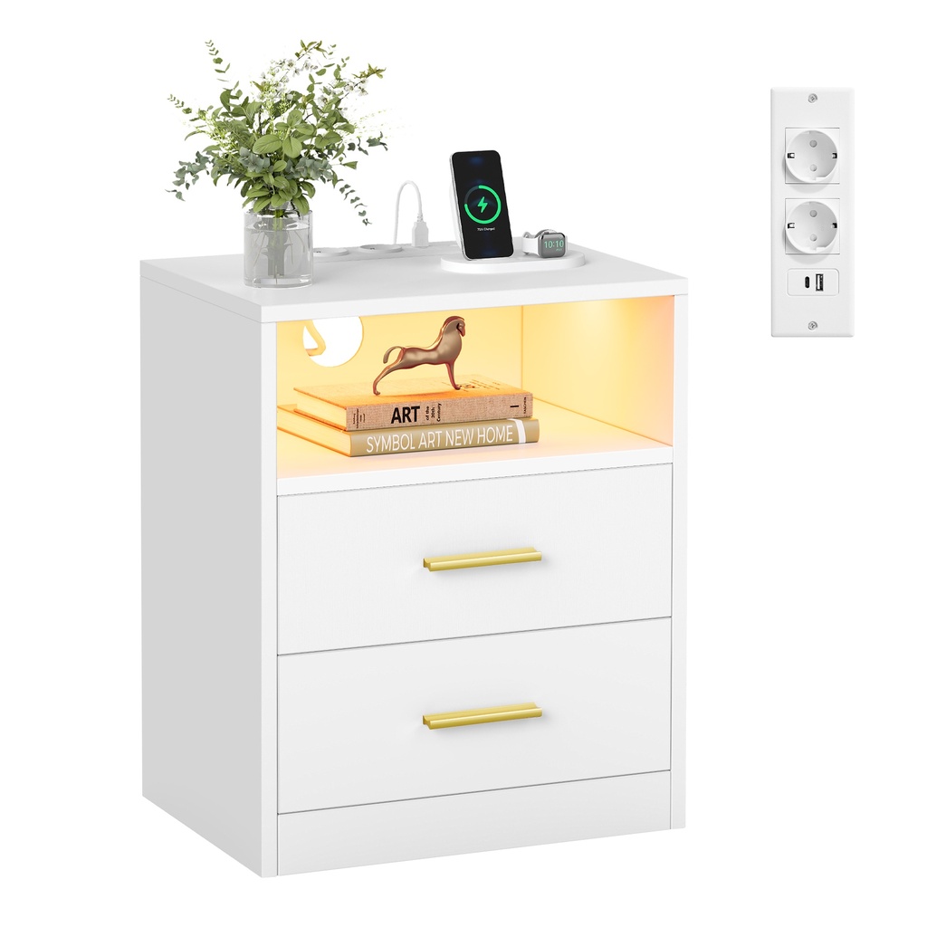 VASAGLE Custos Collection LET629WB01 Table de chevet avec station de charge, éclairage LED, table d'appoint, moderne avec tiroirs, 2 prises secteur et ports USB, blanc nuage